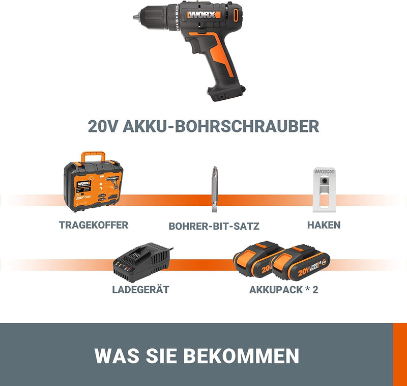 WORX WX108 Akku Bohrschrauber 20V – Allrounder Schrauber zum Bohren & Schrauben – zweistufiger Drehz