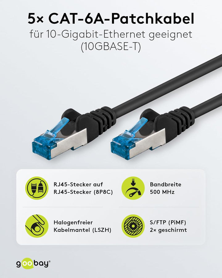 goobay 66041 CAT 6A Netzwerkkabel im 5er Set/Patchkabel geschirmt S/FTP/CU Ethernet Kabel, PiMF, LSZ