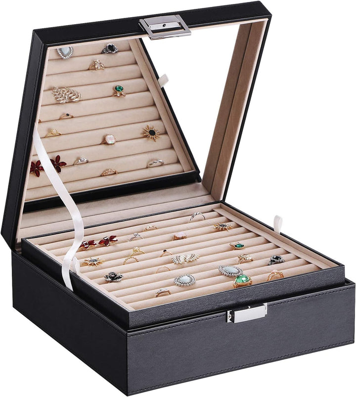 BEWISHOME Ring-Organizer und Ohrring-Box-Halter – 11 Ringschlitze, 25 Ohrringfächer, grosser Spiegel
