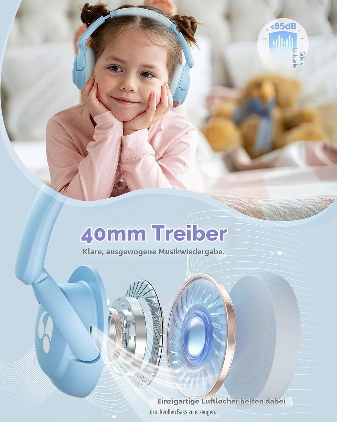 Bluetooth Kopfhörer Kinder, 85dBA Sicheres Volumen, Bluetooth 5.4, BPA Frei/CPC Zertifiziert, 75 Std