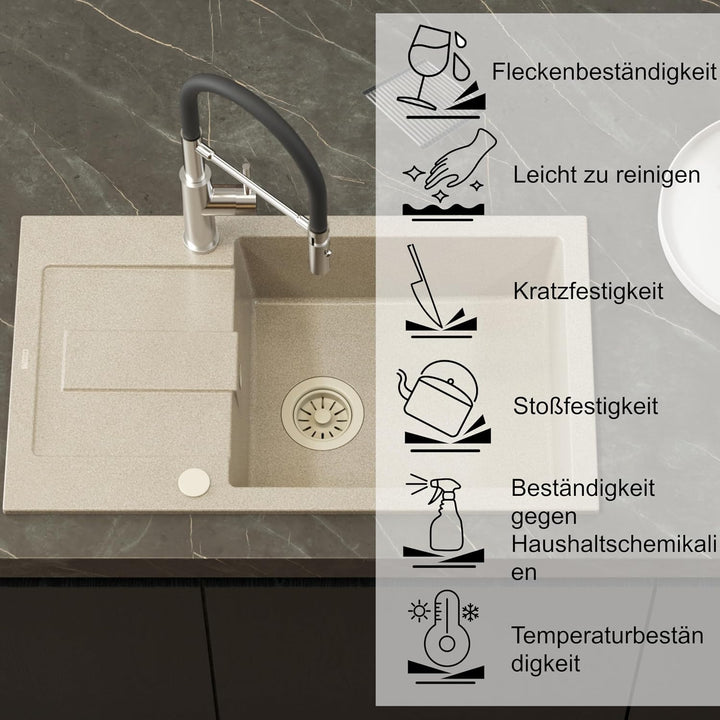 QUADRON | CHRISTIAN 136 XL | Granitspüle | 1-Kammer-Einbau | Masse: 78 x 45 x 18,5 cm | Schrankunter
