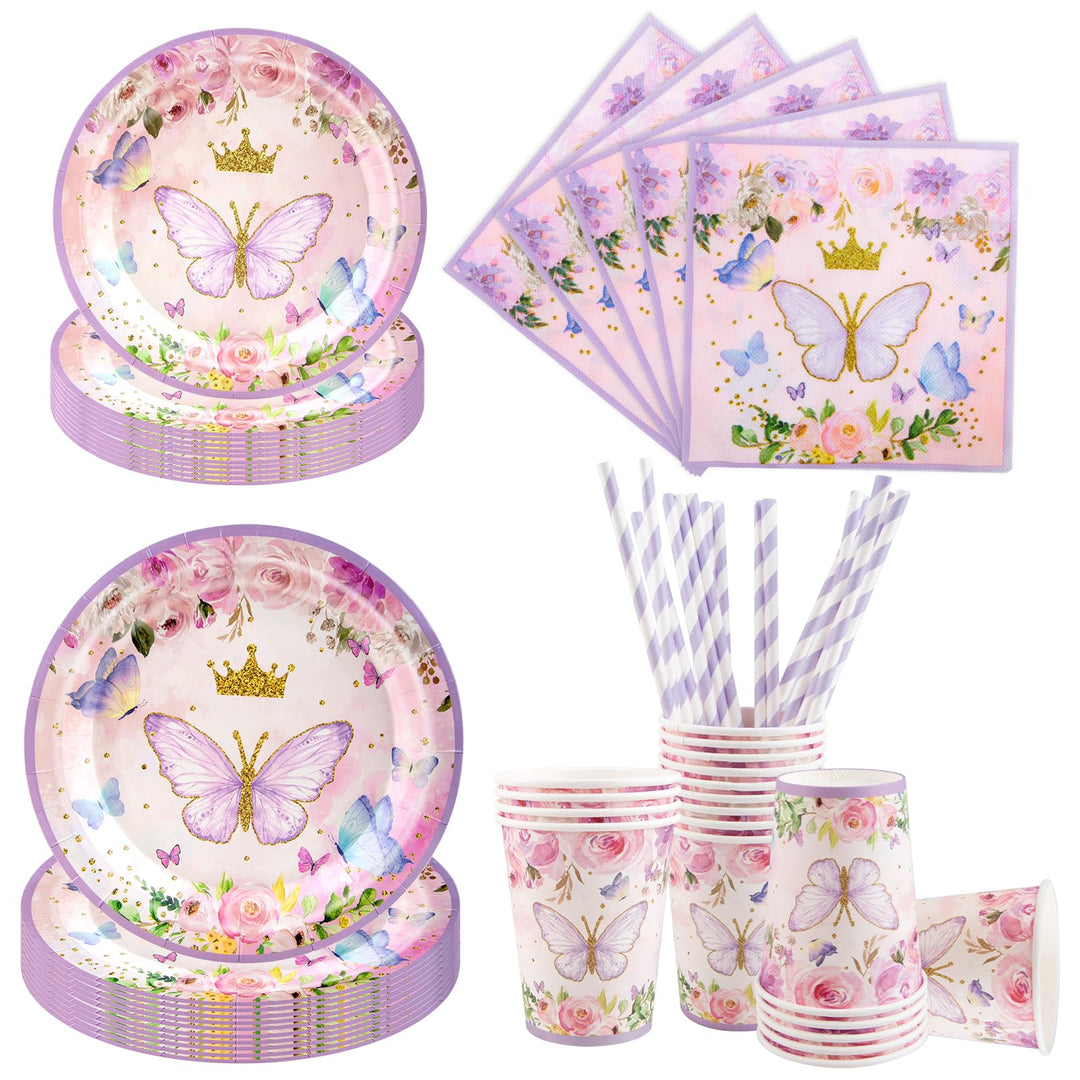 Aitsite 100 Stück Rosa Schmetterling Partygeschirr Set, Schmetterling Partyteller Geburtstag für 20