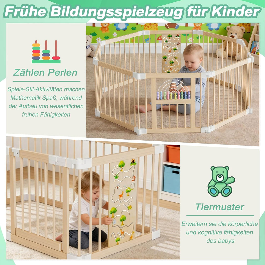 FIVMEN Laufstall Baby Faltbar 143.5 x 143.5 x 61cm inkl. Tür Matte Stabile Holz Laufgitter Anpassbar