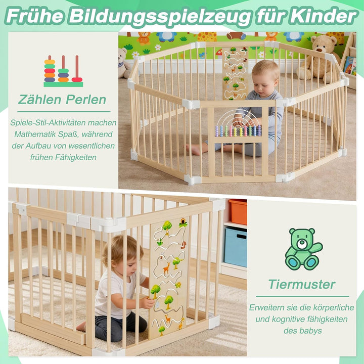 FIVMEN Laufstall Baby Faltbar 143.5 x 143.5 x 61cm inkl. Tür Matte Stabile Holz Laufgitter Anpassbar