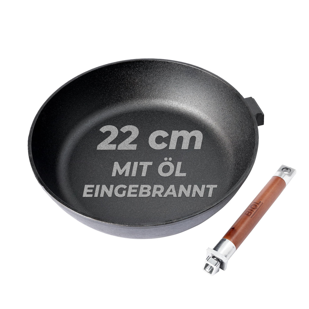 BIOL Gusseisenpfanne 22 cm – tiefe Bratpfanne für Induktion 22 cm ohne Deckel, 22 cm ohne Deckel