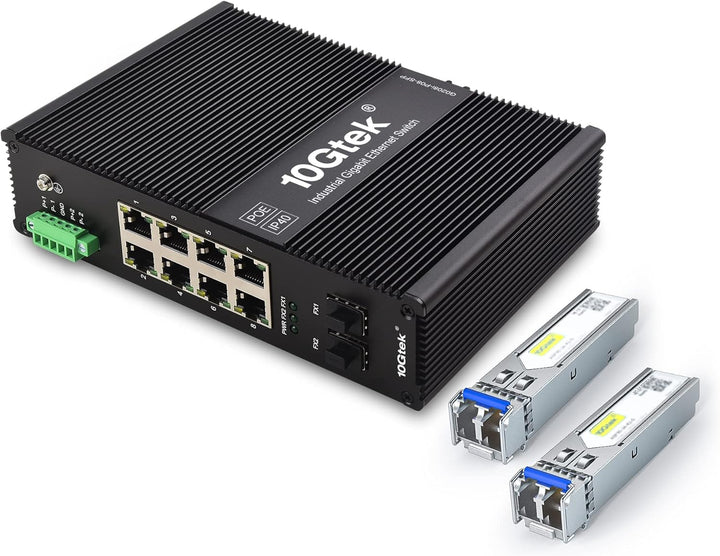 10Gtek 10-Port Industrial DIN-Rail Ethernet Switch Hutschiene, POE 802.3af/at, IP40, 2X Gigabit SFP