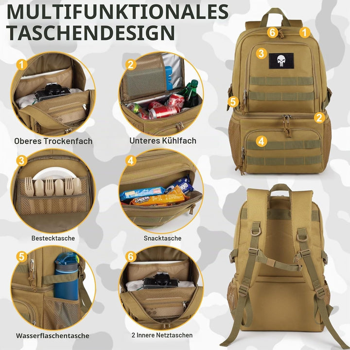 Taktischer Doppelstock-Kühlrucksack für Herren – Grosser Lunch-Rucksack mit 2 Fächern, Weiche Kühlta
