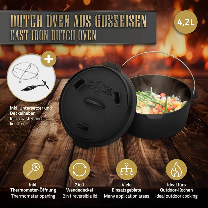 BBQ#BOSS Dutch Oven Set BBQ 4,2 Liter, Eingebrannter Feuertopf aus Gusseisen, Kochtopf mit Deckelheb