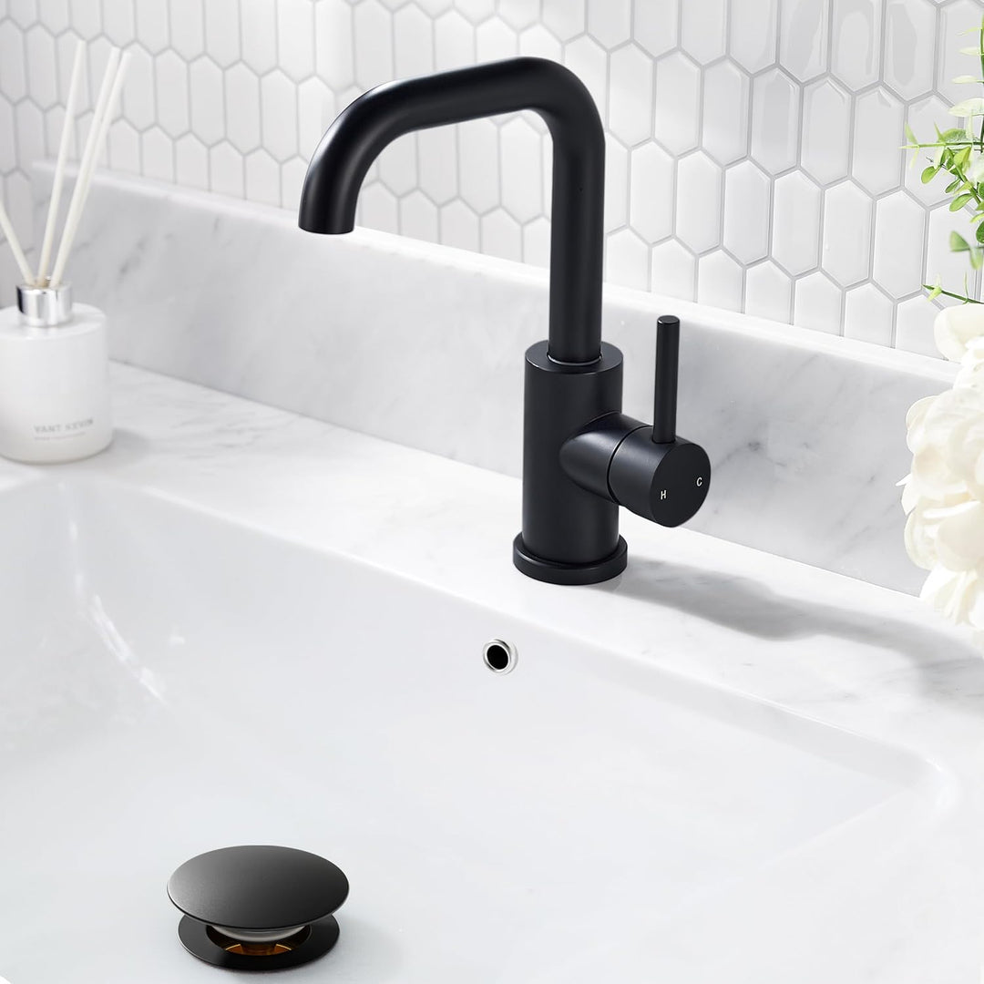 FORIOUS Wasserhahn Bad Schwarz Hoch mit Ablaufgarnitur，360° Drehbar Edelstahl Waschtischarmatur Hoch
