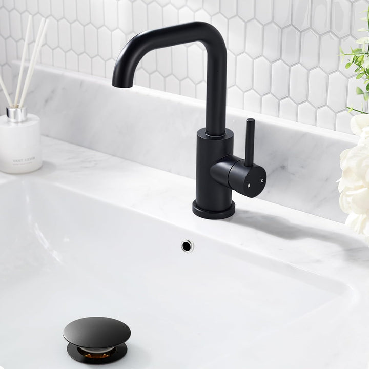 FORIOUS Wasserhahn Bad Schwarz Hoch mit Ablaufgarnitur，360° Drehbar Edelstahl Waschtischarmatur Hoch