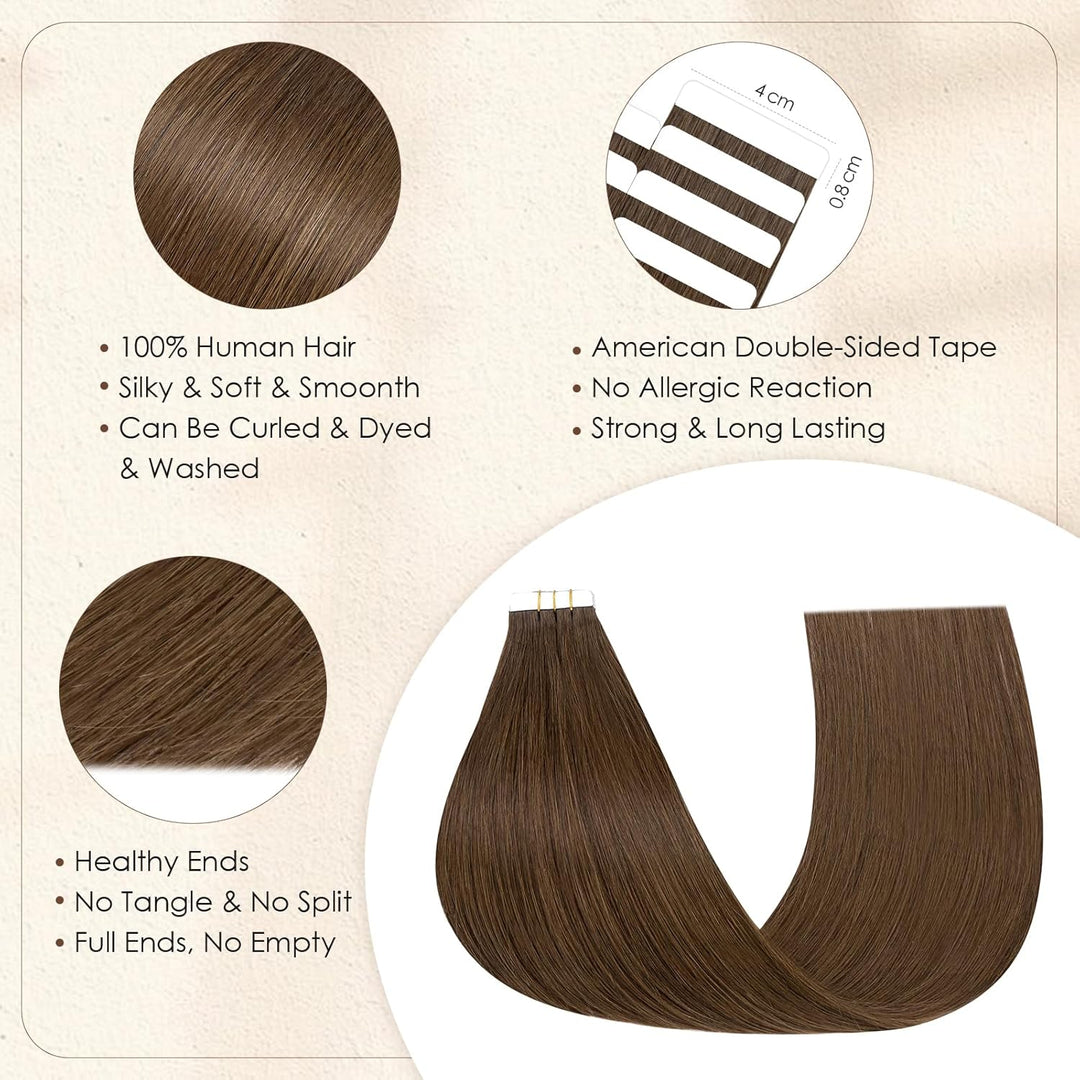 Elailite Tape Extensions Echthaar #04 Schokobraun, 10 Stück Unsichtbar Kleber Haarverlängerungen 20g