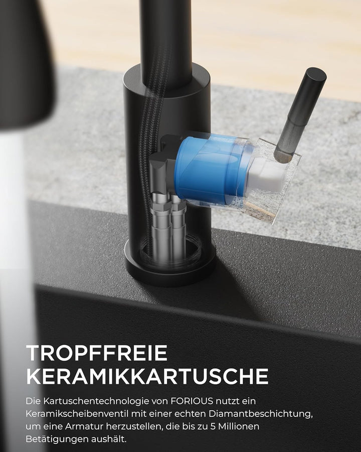 FORIOUS Küchenarmatur mit Seifenspender, ausziehbarer Wasserhahn Küche mit 2 Strahlarten, Einhebelmi