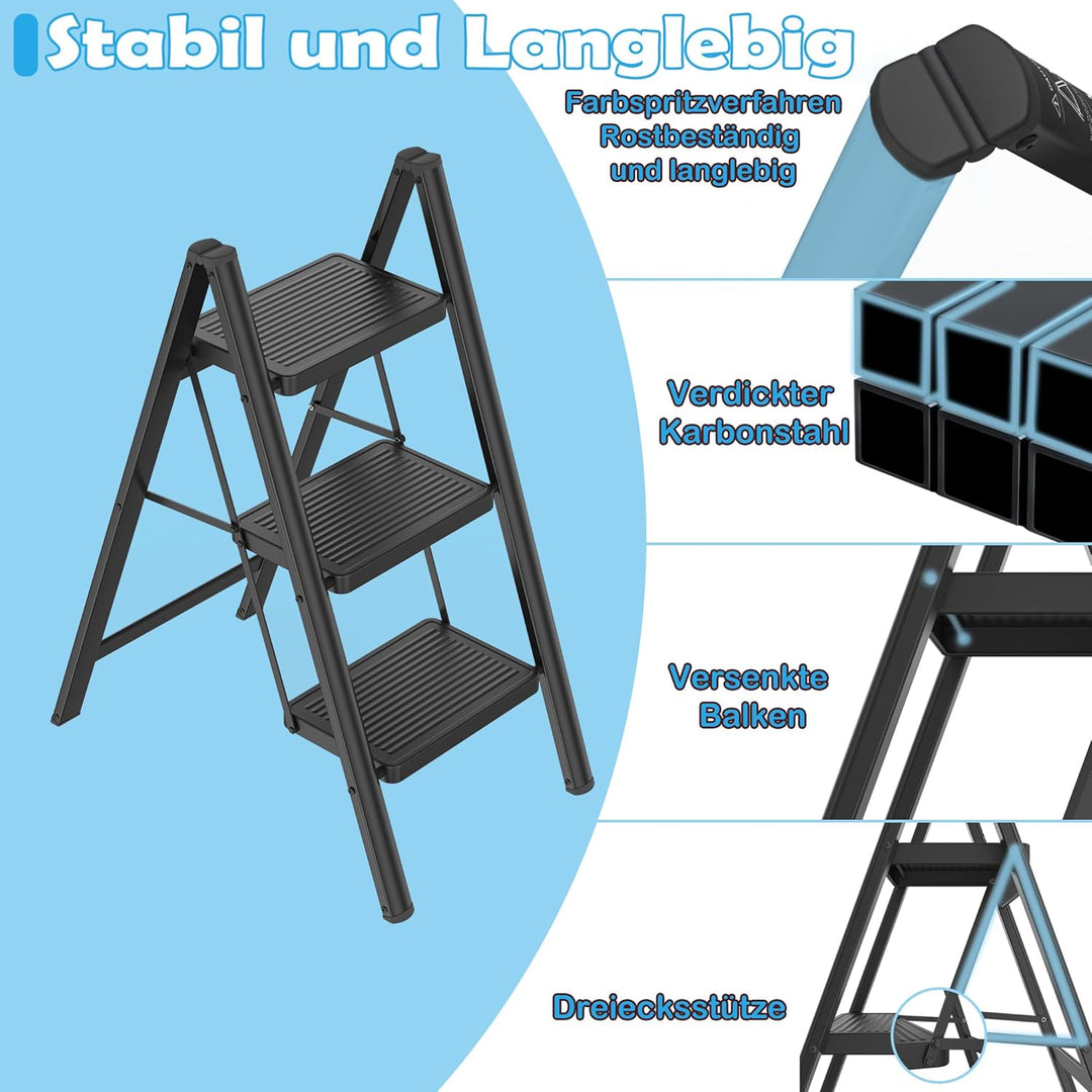 Aufun Trittleiter 3 Stufen, Klappleiter mit breitem Anti-Rutsch-Pedal, Haushaltsleiter Multifunktion