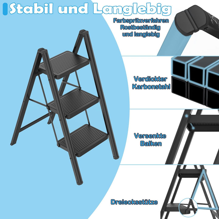 Aufun Trittleiter 3 Stufen, Klappleiter mit breitem Anti-Rutsch-Pedal, Haushaltsleiter Multifunktion