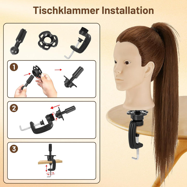 TwoWin Frisierkopf Echthaar mit Ohrlöchern, 60 cm (24 Zoll) Friseurkopf Übungskopf 80% echthaar, Tra