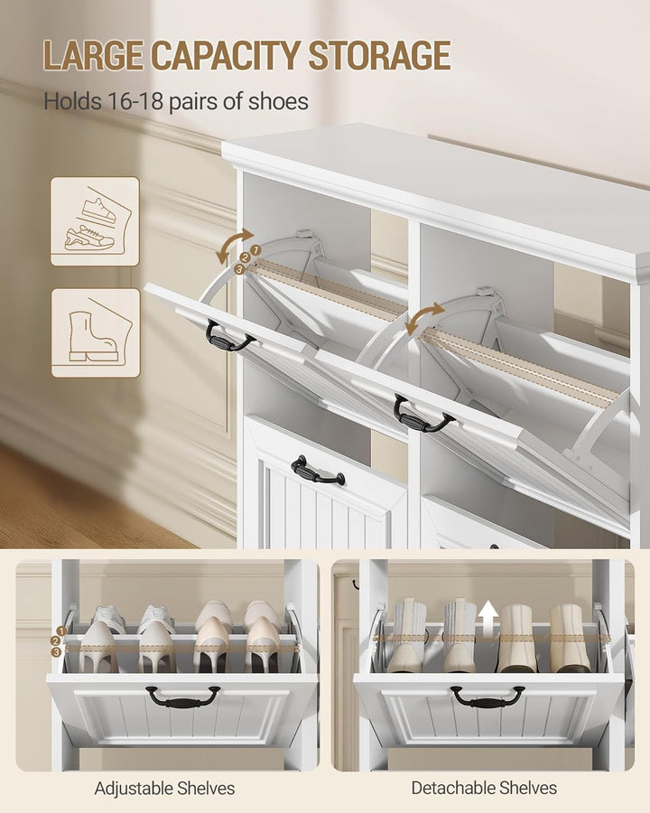 Hzuaneri Schuhschrank Schmal mit 4 Klappen, Klassischer Stil, Schuhkommode mit Holzoptik, Schmaler S
