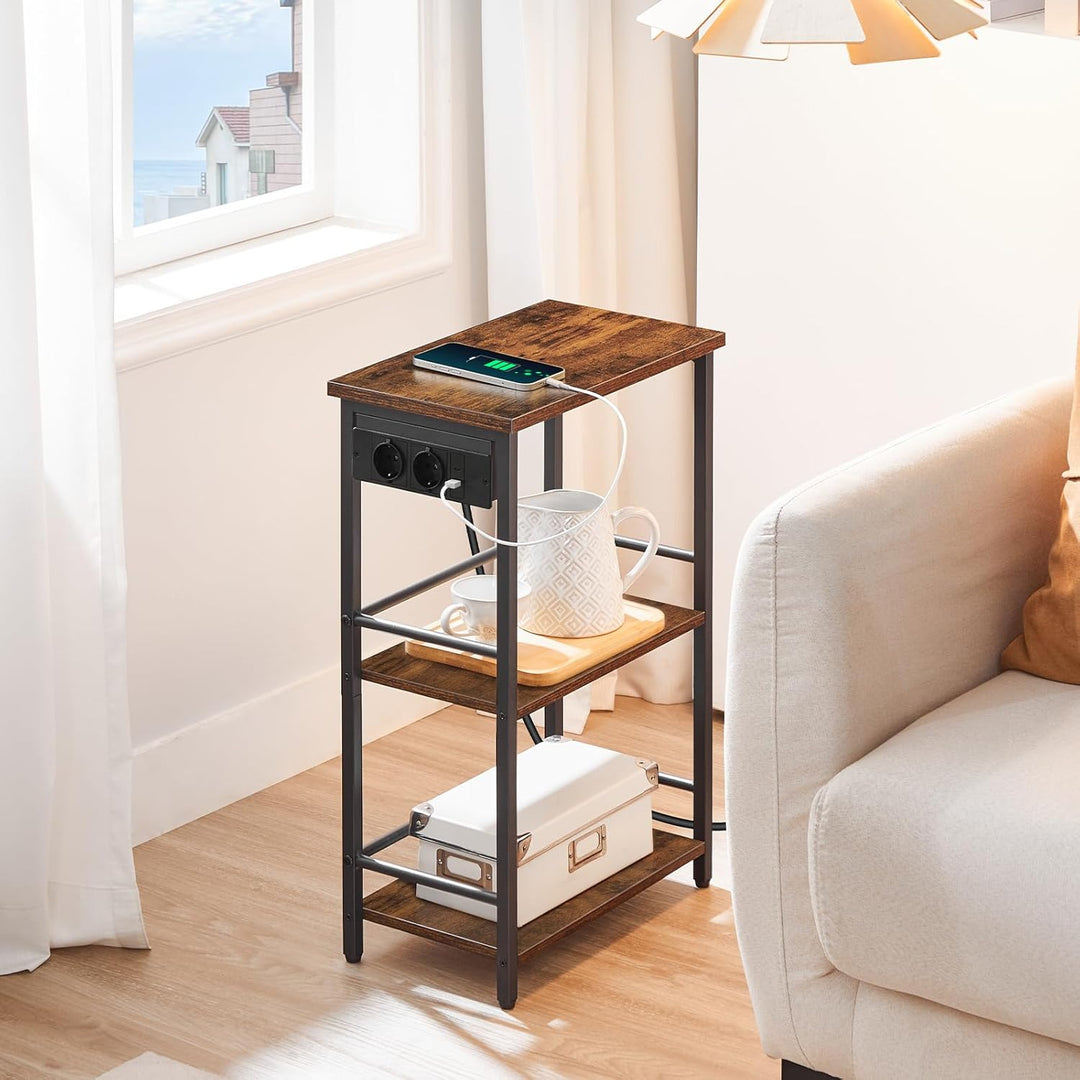 Beistelltisch Schmal, 3 Ablagen Nachttisch, Couchtisch mit Ladestation, Sofatisch, Wohnzimmertisch m