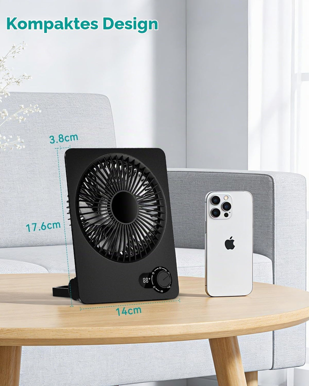 Klein Tischventilator,Leise Ventilator Akku 180°Einstellbar Tragbarer LED Anzeige Fan Für Büro Bibli
