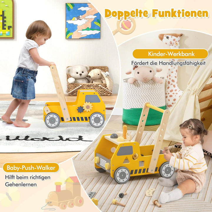 COSTWAY 2-in-1 Lauflernwagen Holz, Lauflernhilfe mit mit Multi-Aktivitätszentrum & Werkbank, Baby Wa