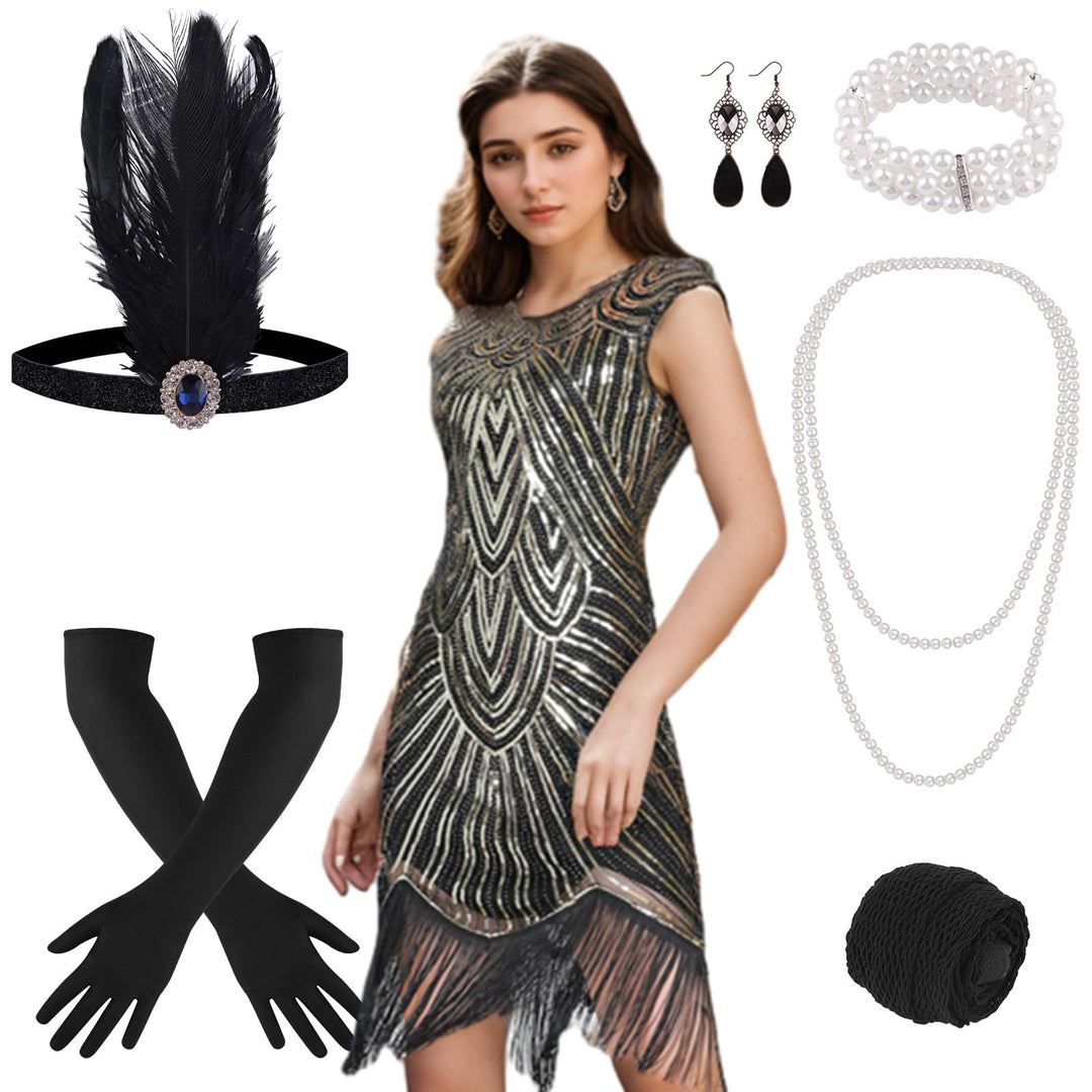 PLULON 1920er-Jahre-Flapperkleid mit Pailletten, Perlen und Fransen, Set mit 20er-Jahre-Accessoires