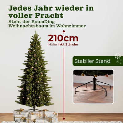 BoomDing Schmaler Weihnachtsbaum mit Beleuchtung | 210 cm hoch und 380 LED | Naturgetreuer künstlich