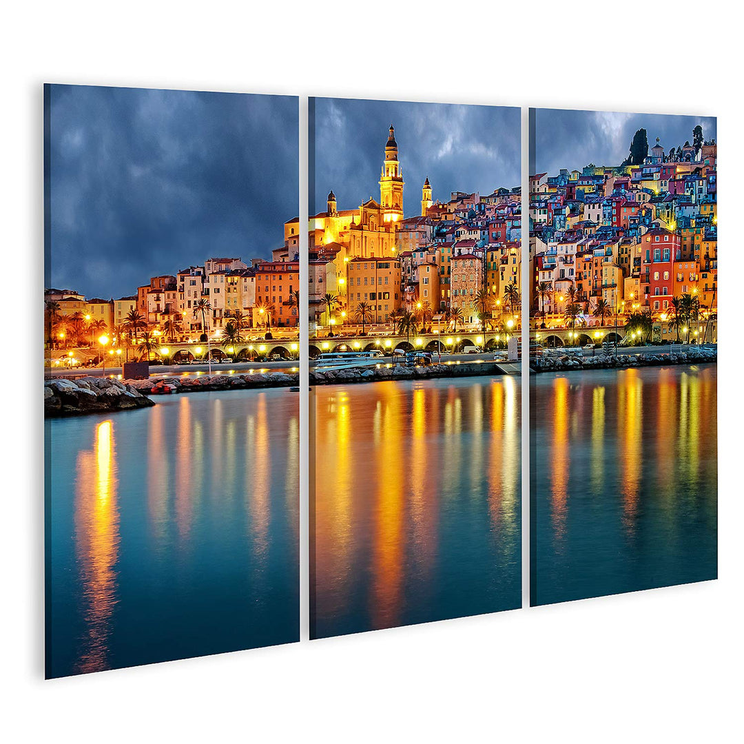 islandburner Bild auf Leinwand Provence Dorf Menton Nach Sonnenuntergang Bilder Wandbilder Poster Le