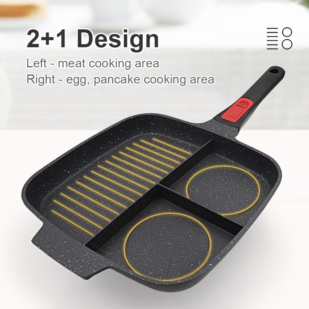Multi Grillpfanne mit Deckel und Abnehmbarer Griff, Steakpfanne Induktion 3 in 1 - Schwarz, Schwarz