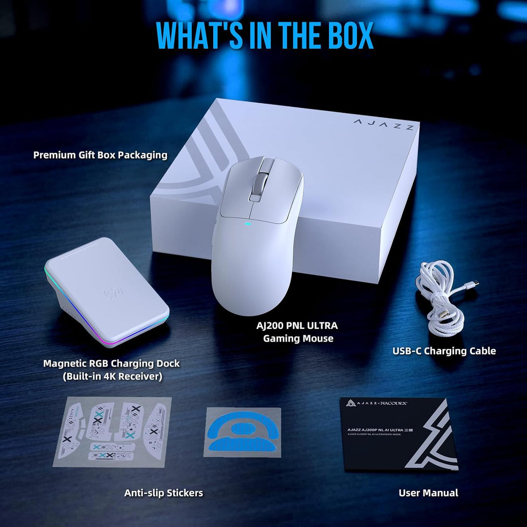 AJAZZ AJ200P NL Ultra Kabellose Gaming AI Maus, PAW3950 &amp; Ladestation Weiss, Weiss