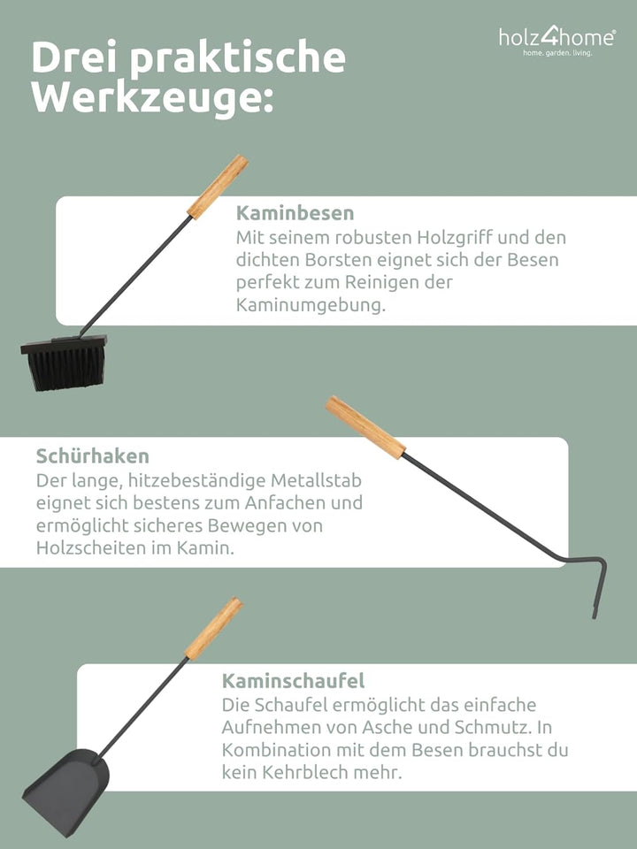 holz4home® Kaminbesteck 5-tlg. Grauschwarz mit Holzgriff inkl. Ofenhandschuh I Kaminset Kamingarnitu