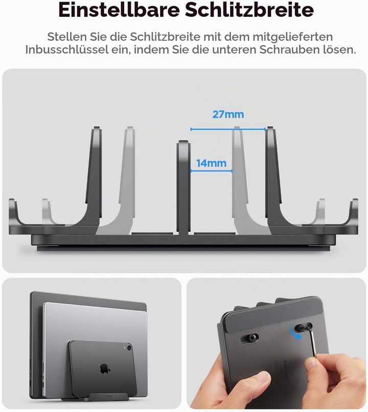 Spigen Vertikaler Laptop-Ständer – 4-in-1 Schreibtisch-Organizer mit verstellbaren Slots (14–22 mm),