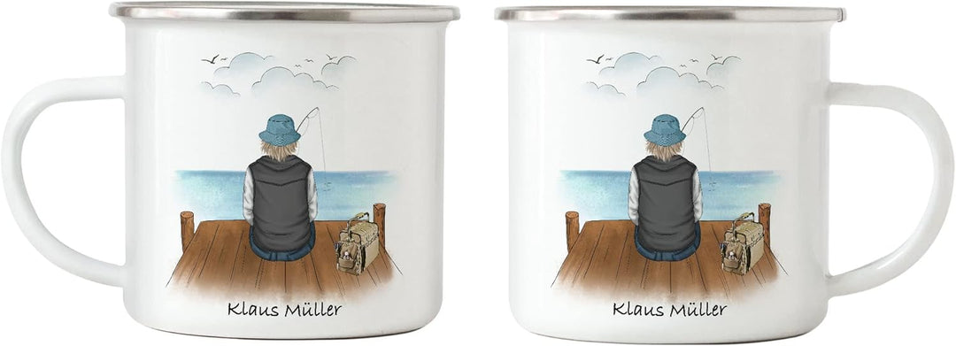 Angler Emaille Tasse Personalisiert Individuell mit Name Angeln Fischen Geschenk Opa Vater zum Vater