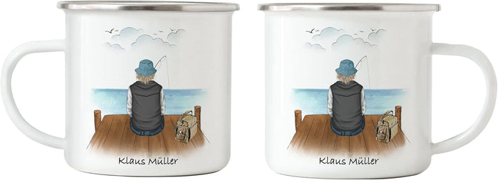 Angler Emaille Tasse Personalisiert Individuell mit Name Angeln Fischen Geschenk Opa Vater zum Vater
