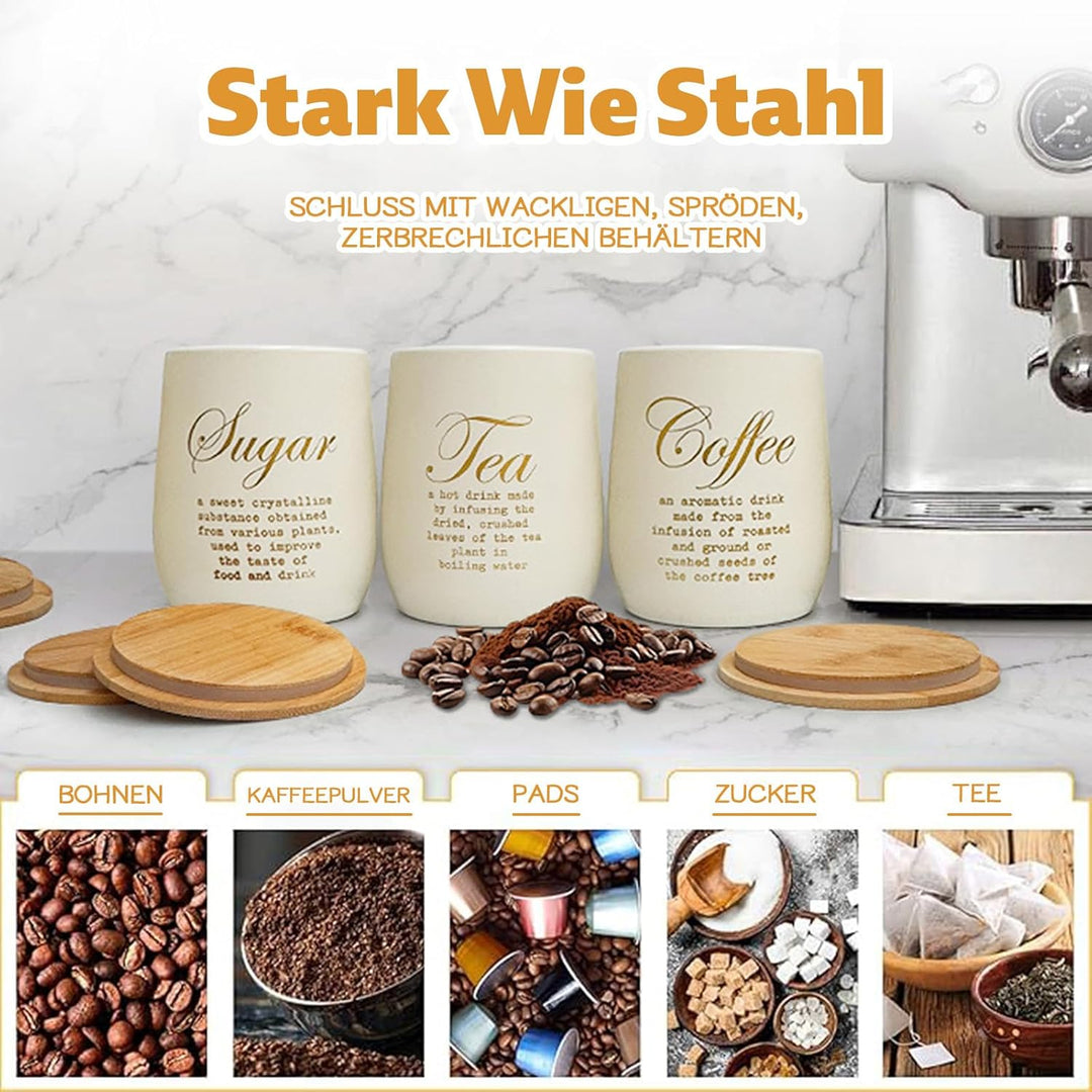 Brotkasten aus Bambus mit 3 Vorratsdosen aus Eisen – Küchen-Aufbewahrungsset mit „Sugar“, „Tea“, „Co