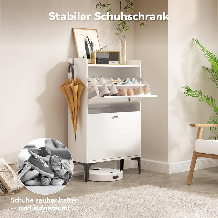 Dripex Schuhschrank weiss, Schuhkipper mit 2 Flip-Schubladen,Schuhregal schmal mit Metallfüssen, ver