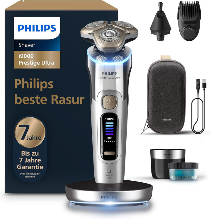 Philips Rasierer i9000 Prestige Ultra, Nass- und Trockenrasiererr, chrom, Druck- und Bewegungssensor
