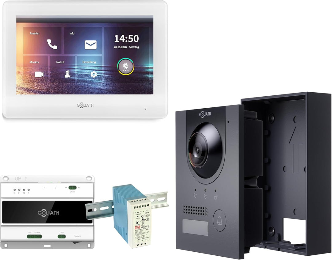 GOLIATH Full-HD Video Türsprechanlage, Aufputz Türstation in Anthrazit, 1 Familienhaus Set, Touchscr