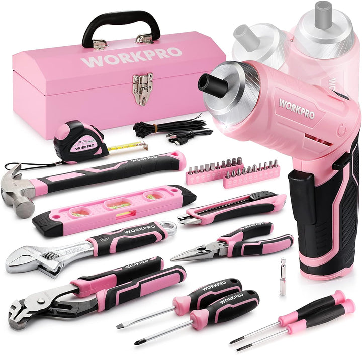 WORKPRO 73-tlg. Werkzeug Set Rosa mit Akkuschrauber klein, pink Metall Werkzeugkoffer gefüllt für Ha
