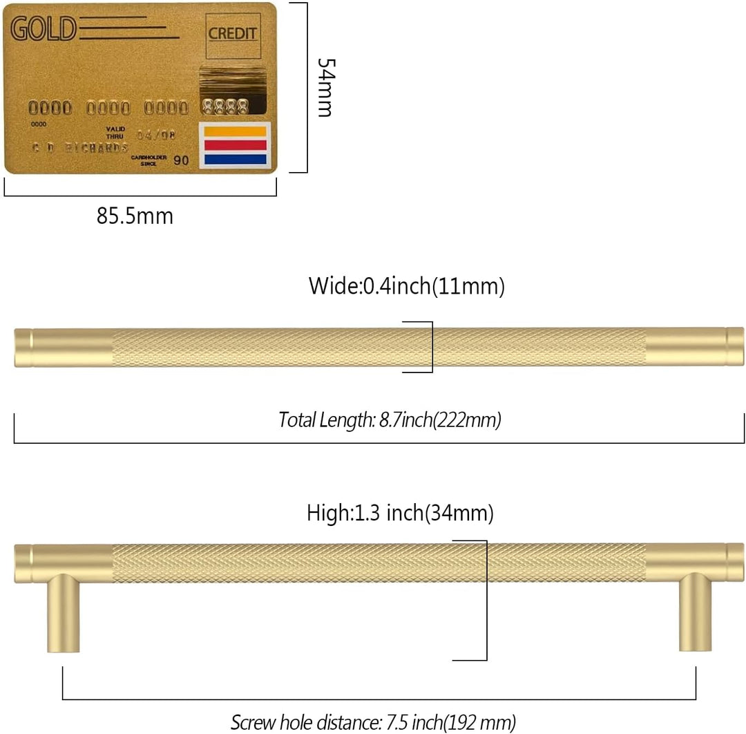 Amerdeco 10 Stück Gerändelte Schrankgriffe Gold Griffe Möbel Möbelgriffe 192mm Lochabstand Türgriffe