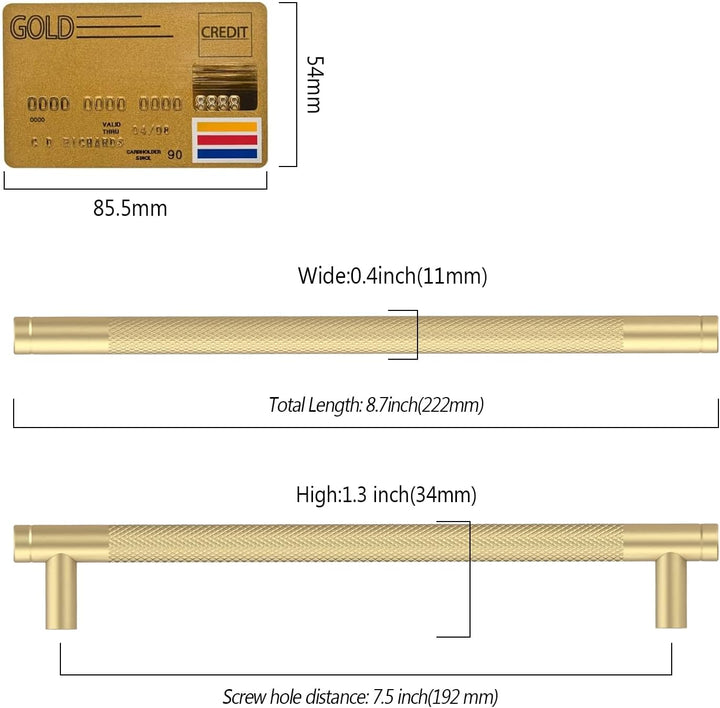 Amerdeco 10 Stück Gerändelte Schrankgriffe Gold Griffe Möbel Möbelgriffe 192mm Lochabstand Türgriffe
