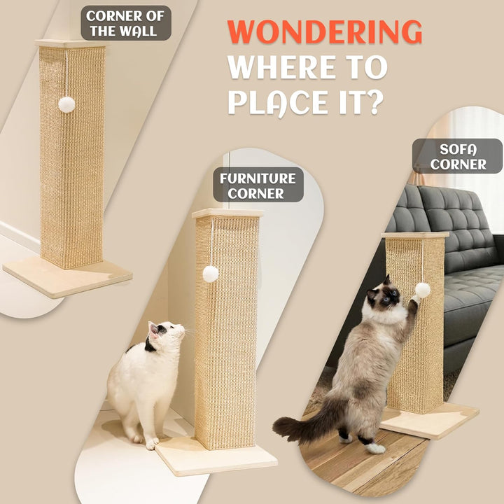 PETKARAY Eck-Kratzbrett für Katzen, 71 cm Hoher Kratzpfosten für Sofa und Wand, Sisal Kratzmatte, Mö