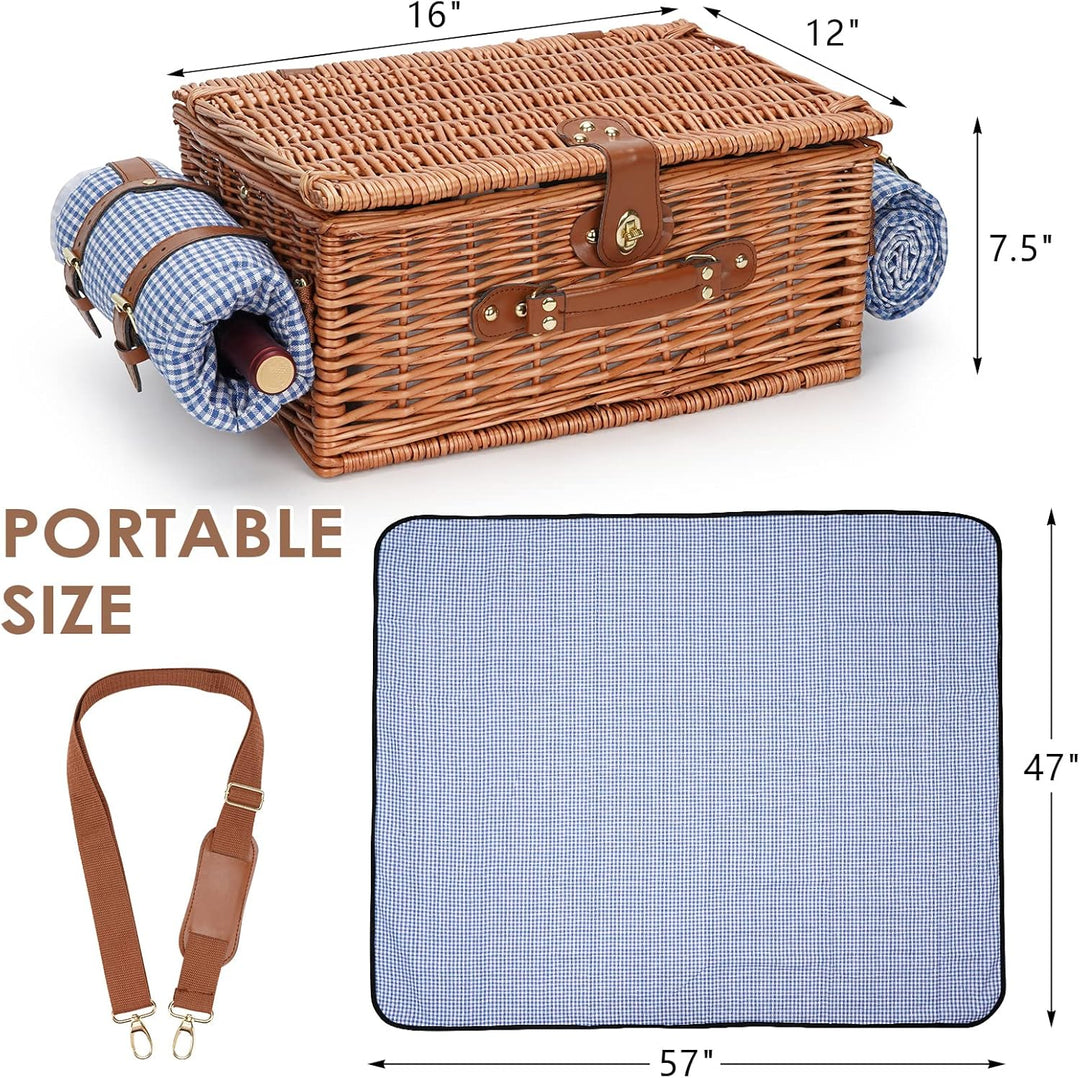 Picknickkorb für 4, isolierte Weiden-Picknickkörbe mit Schultergurt, Picknickkorb mit wasserdichter