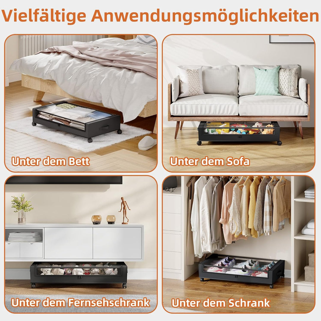 Somdot 4 Stück Schwarz 48L Unterbett Aufbewahrungsbox mit Deckel, Unterbettkommode mit Rollen, Aufbe