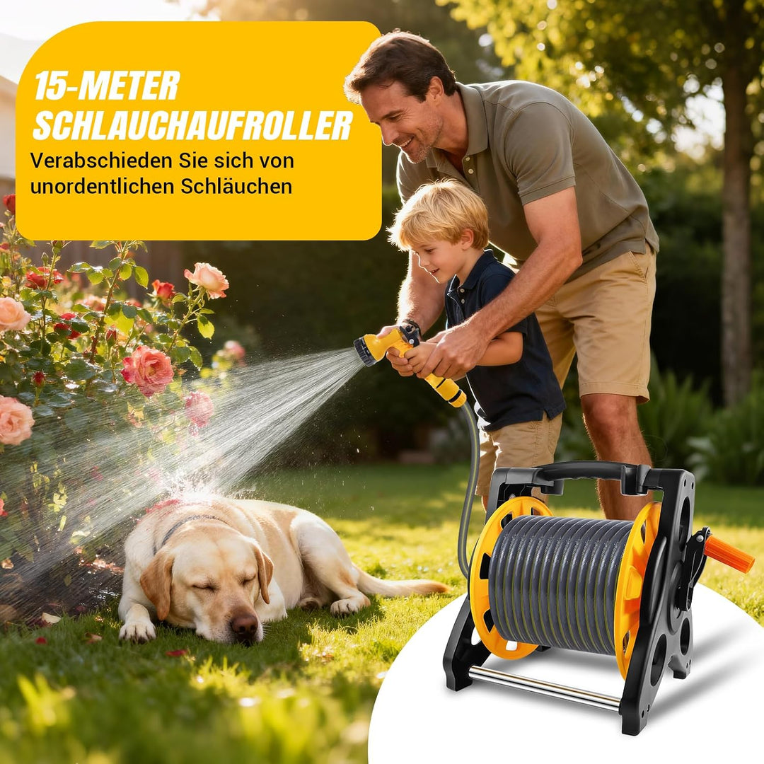 15M Kompakte Schlauchtrommel Mit Schlauch und MultifunktionsdüSen, Leichte Tragbare Gartenschlauchtr