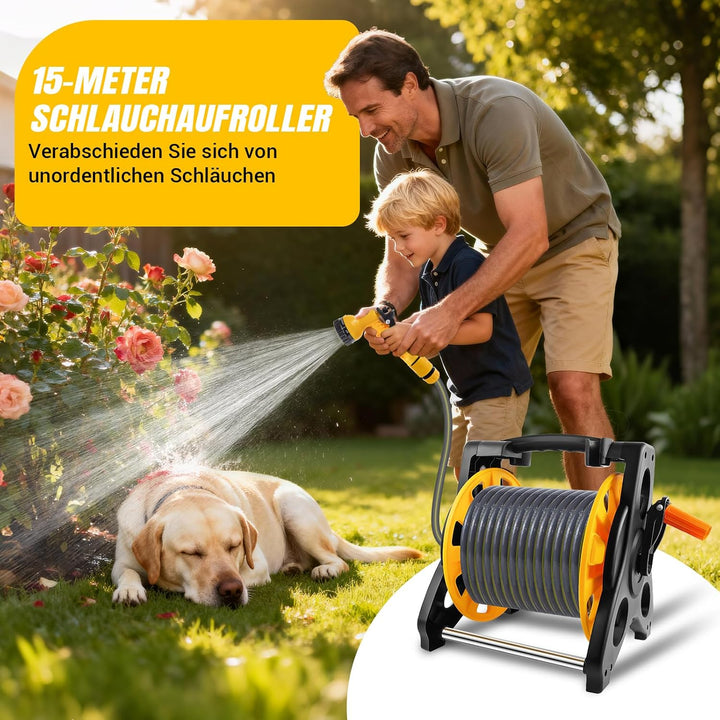15M Kompakte Schlauchtrommel Mit Schlauch und MultifunktionsdüSen, Leichte Tragbare Gartenschlauchtr