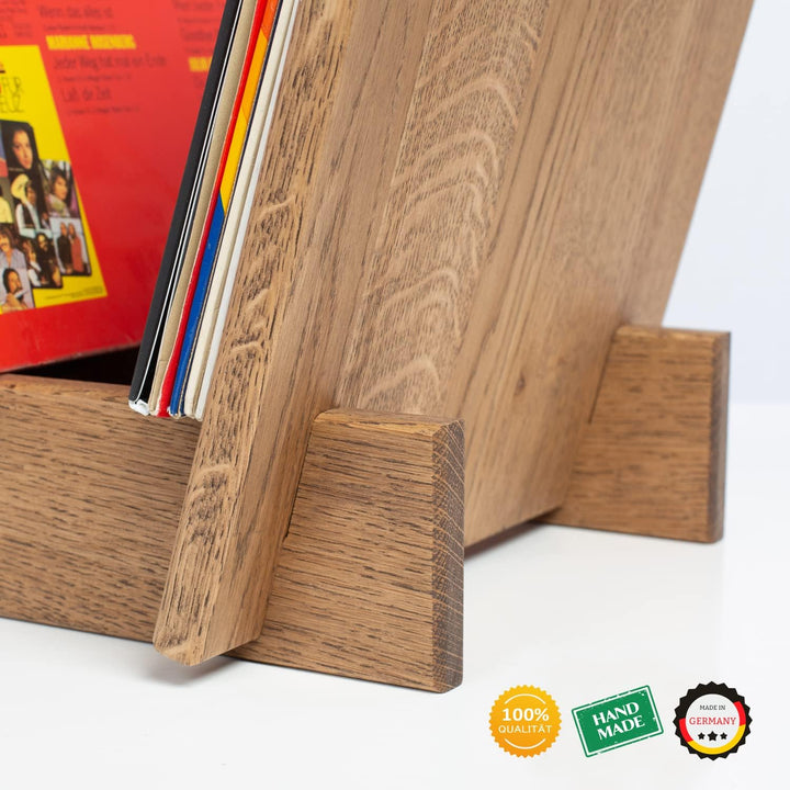 Aufbewahrung von Vinylplatten - Schallplatten Halter Regal aus Eiche Massivholz im hochwertigen Desi