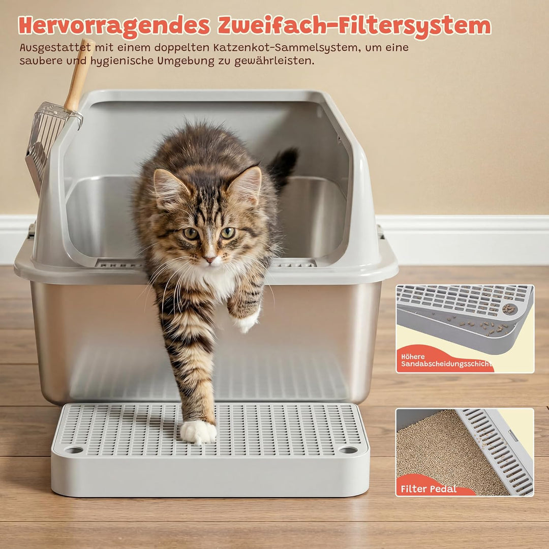 Katzenklo Edelstahl, Katzentoilette Gross XL mit Metall Schaufel, 40L Katzenklo mit Abnehmbares Hohe