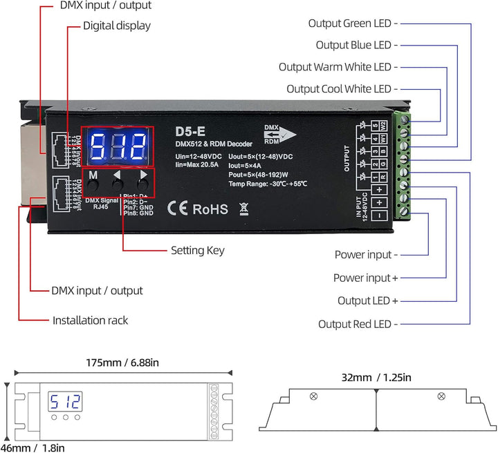 GIDEALED 5 Kanal DMX Decoder mit RDM Digitalanzeige,DMX512 Dimmertreiber PWM LED Controller für RGBC