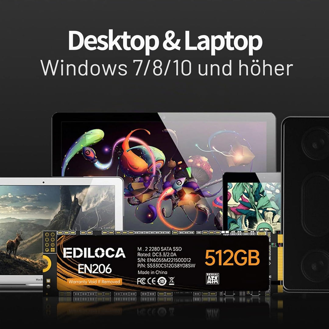 Ediloca EN206 512GB 3D NAND TLC M.2 SSD, M.2 2280 SATA III 6Gb/s SSD interne Festplatte, Lese-/Schre
