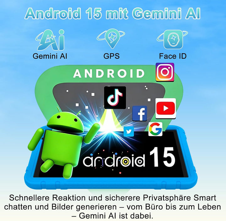 Kinder Tablet 10 zoll Android 15, 30 GB RAM + 2TB TF, Gemini AI, 5G WLAN 6, Widevine L1, Parental Co
