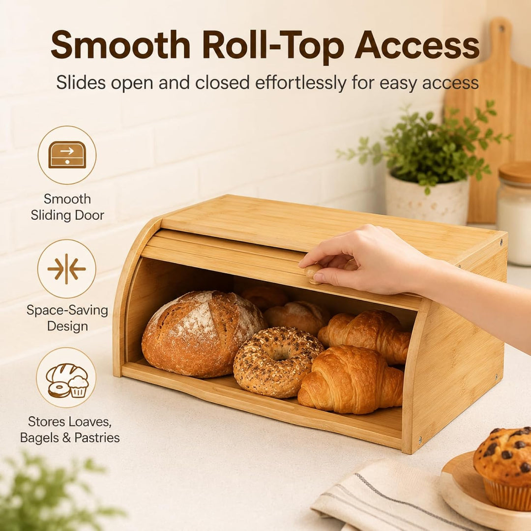 Bambus Brotkasten mit Roll-Top, grosse Brotbox, 40 x 27 x 18 cm